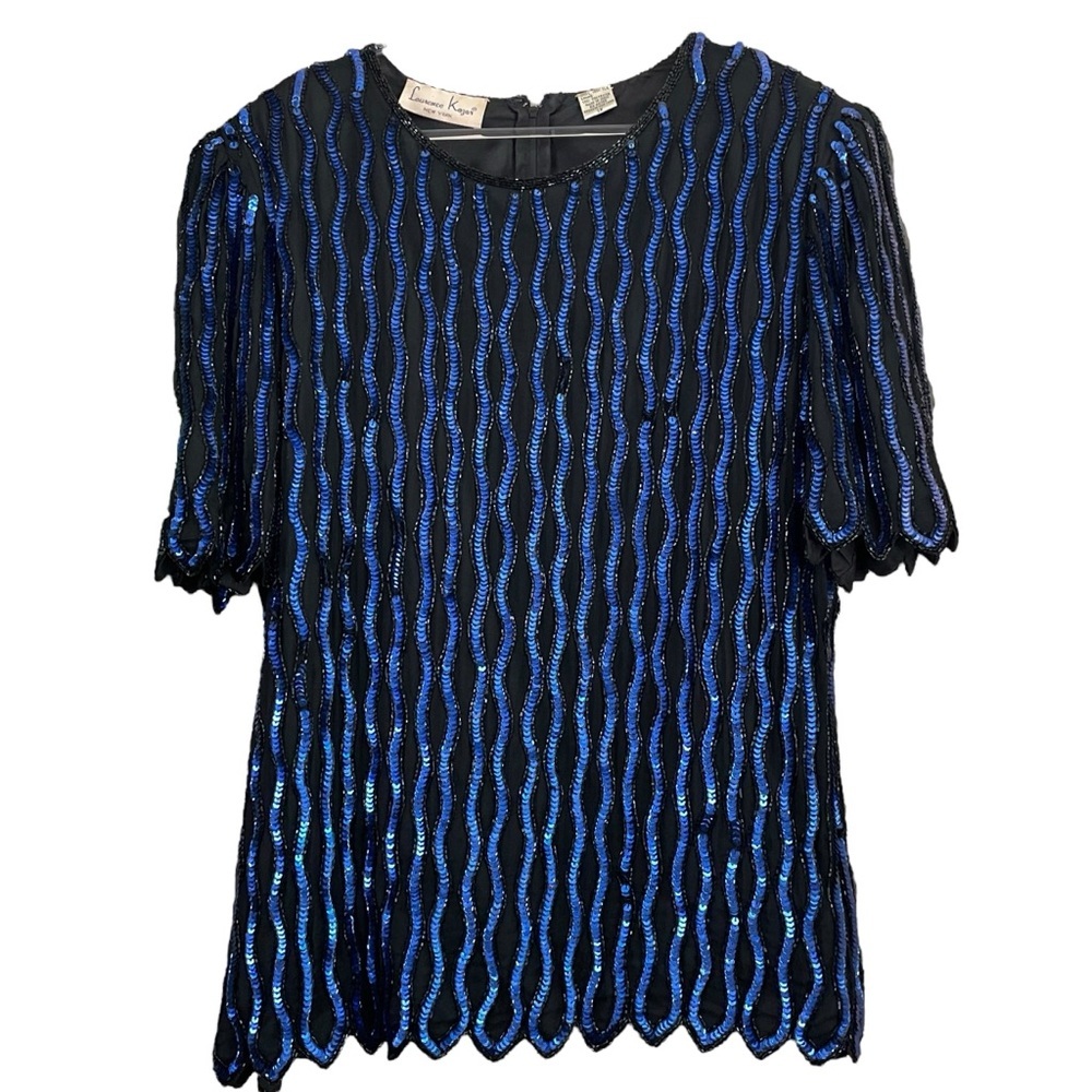 Vtg Laurence Kazar Silk Sequined Beaded Short Sleeve Top Blue Black Size 1X